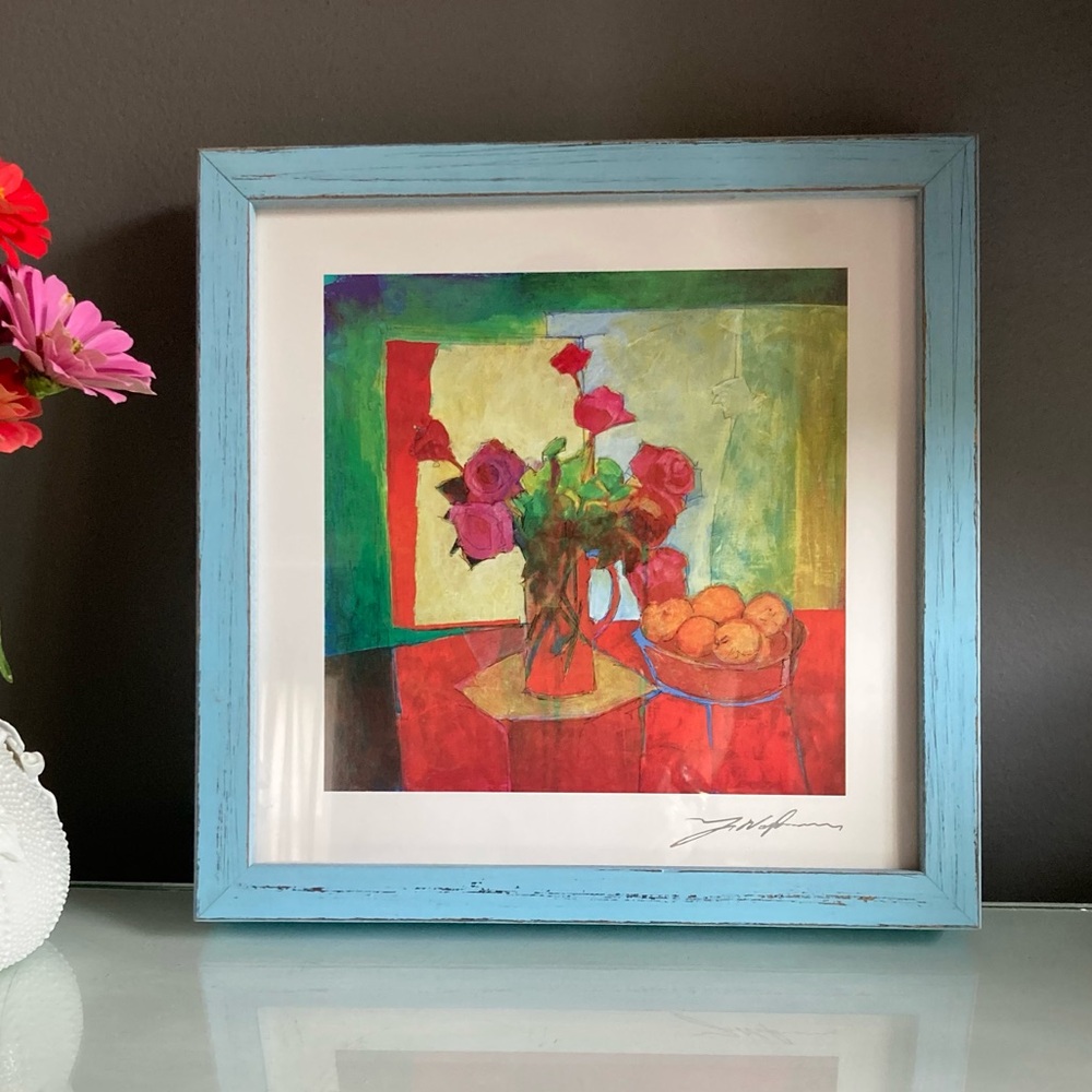 Colorful Floral Art Print in Blue Frame